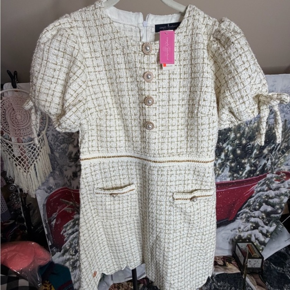Simply Southern Scalloped Cream Tweed Dress with Puffy Sleeves NWT Size Medium